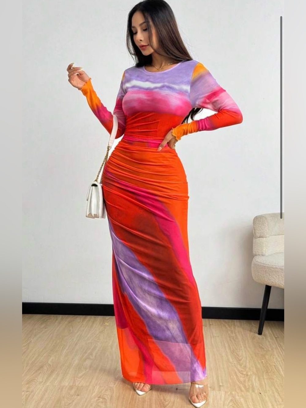 Vibrant colorful long sleeve mesh maxi dress